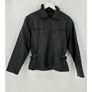 City Skins Vintage Leather Jacket Womens Medium Black Full Zip Buckle Straps
